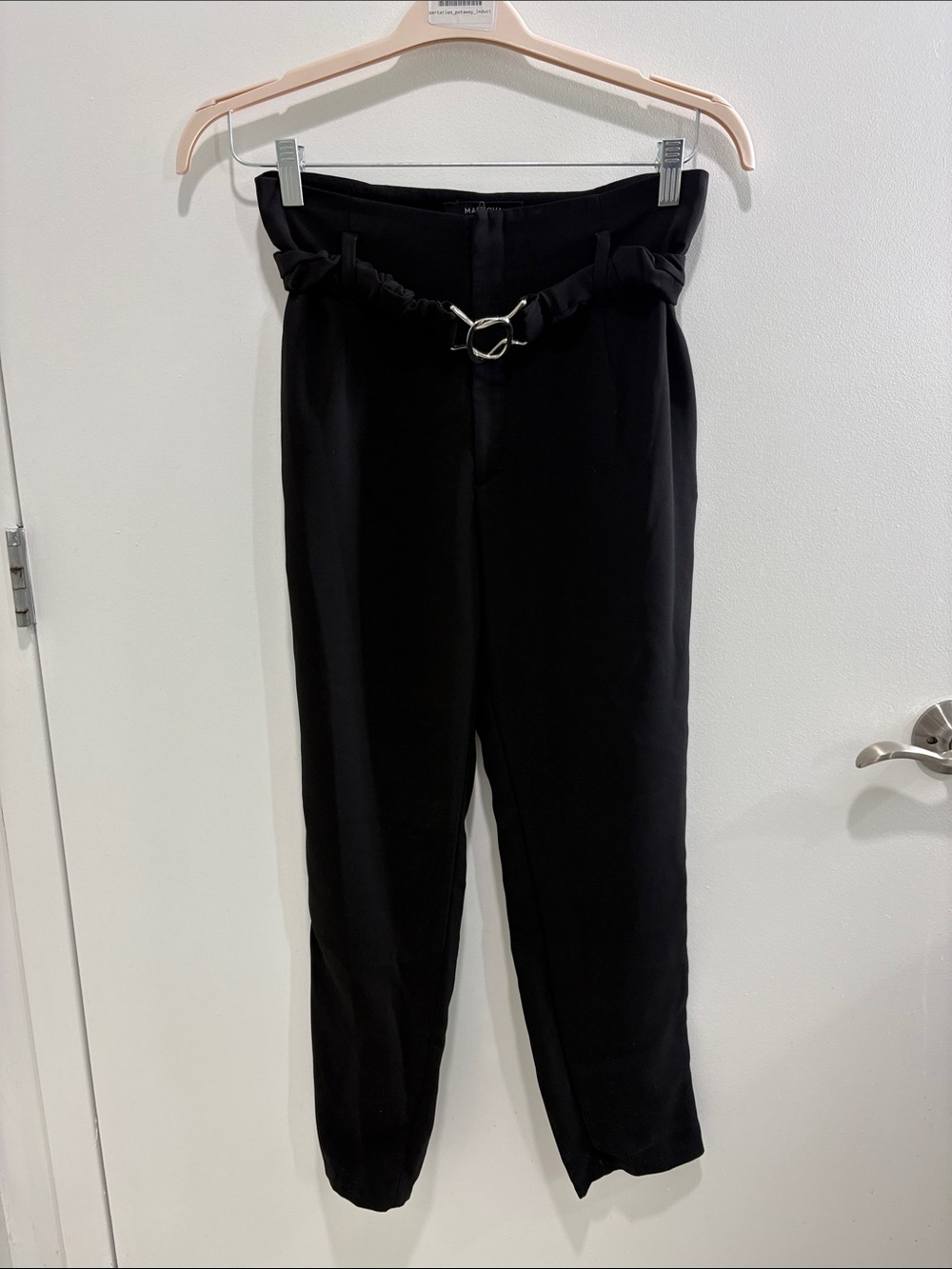 High-Waist Black Paperbag Trousers with Silver Ring Belt
